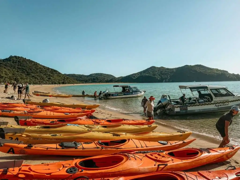 A row of kayaks waiting on a beach with people getting out of speed boats docked along the beach - Things to do in Abel Tasman National Park