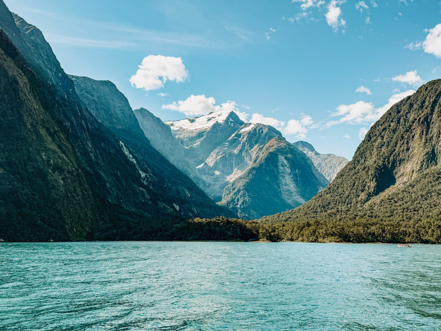 Pointy mountains over a lake in Fiordland National Park