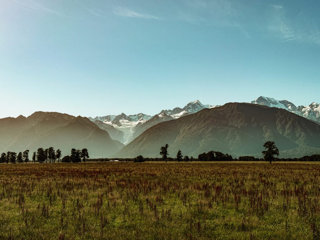 A range of mountains behind a green field in the West Coast of New Zealand