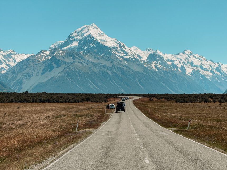 An enormous mountain looming over a road between Queenstown and Christchurch