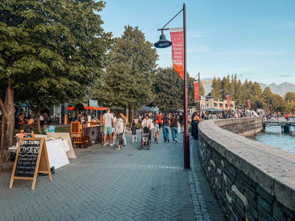 A promenade along water in Queenstown that can be explored when going between Queenstown and Christchurch