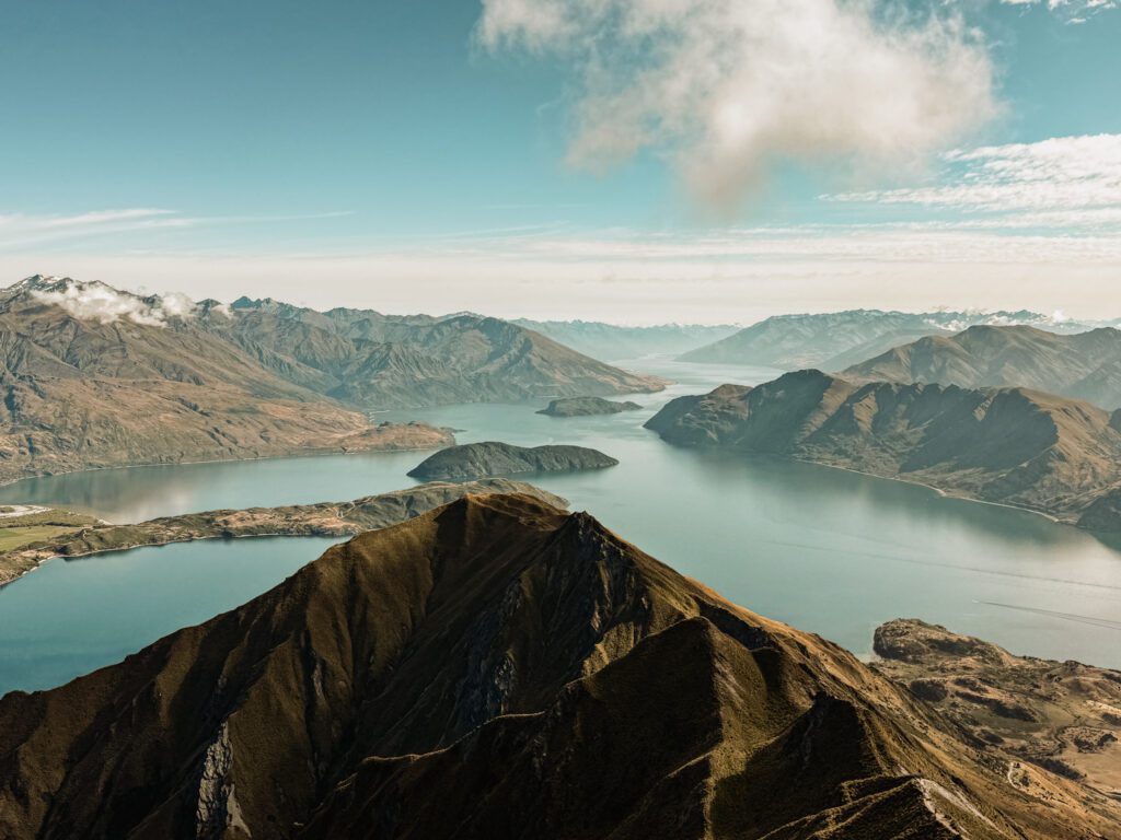 Overlooking a lake within mountains between Queenstown and Christchurch