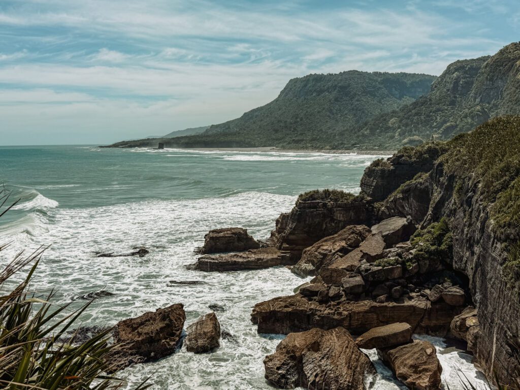 A rocky coastline along the West Coast of New Zealand