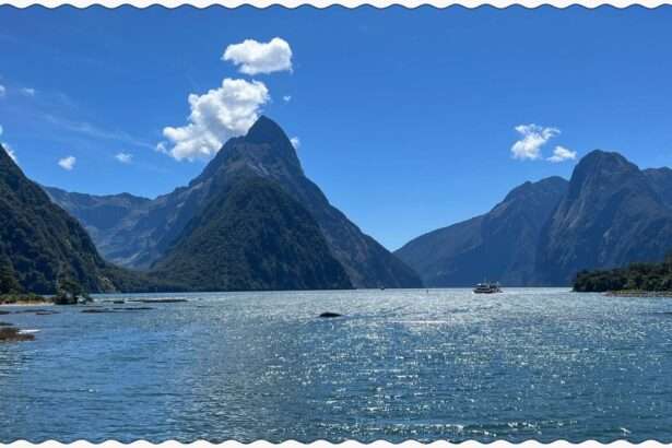 Pointy mountains over a lake in Milford Sound