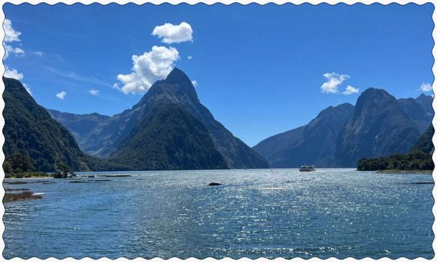 Pointy mountains over a lake in Milford Sound