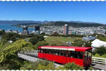 A red cable car going up a hill with a bay in the background in New Zealand's Capital