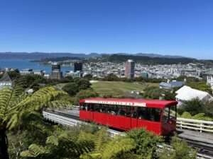 A red cable car going up a hill with a bay in the background in New Zealand's Capital