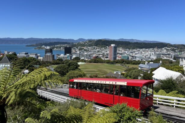 A red cable car going up a hill with a bay in the background in New Zealand's Capital