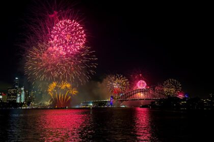 A pink firework show over the city skyline of Sydney - New Year's Eve in Sydney