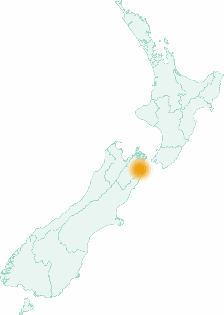 A map of new zealand with a dot on one of the wine regions in New Zealand