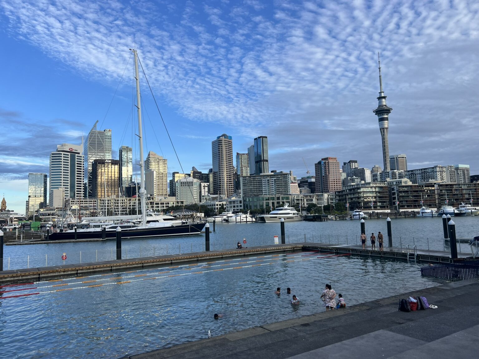A pool in a harbor with a city in the background in Auckland, New Zealand