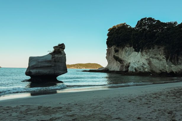 A large rock and cliffs going into the ocean in the Coromandel Peninsula