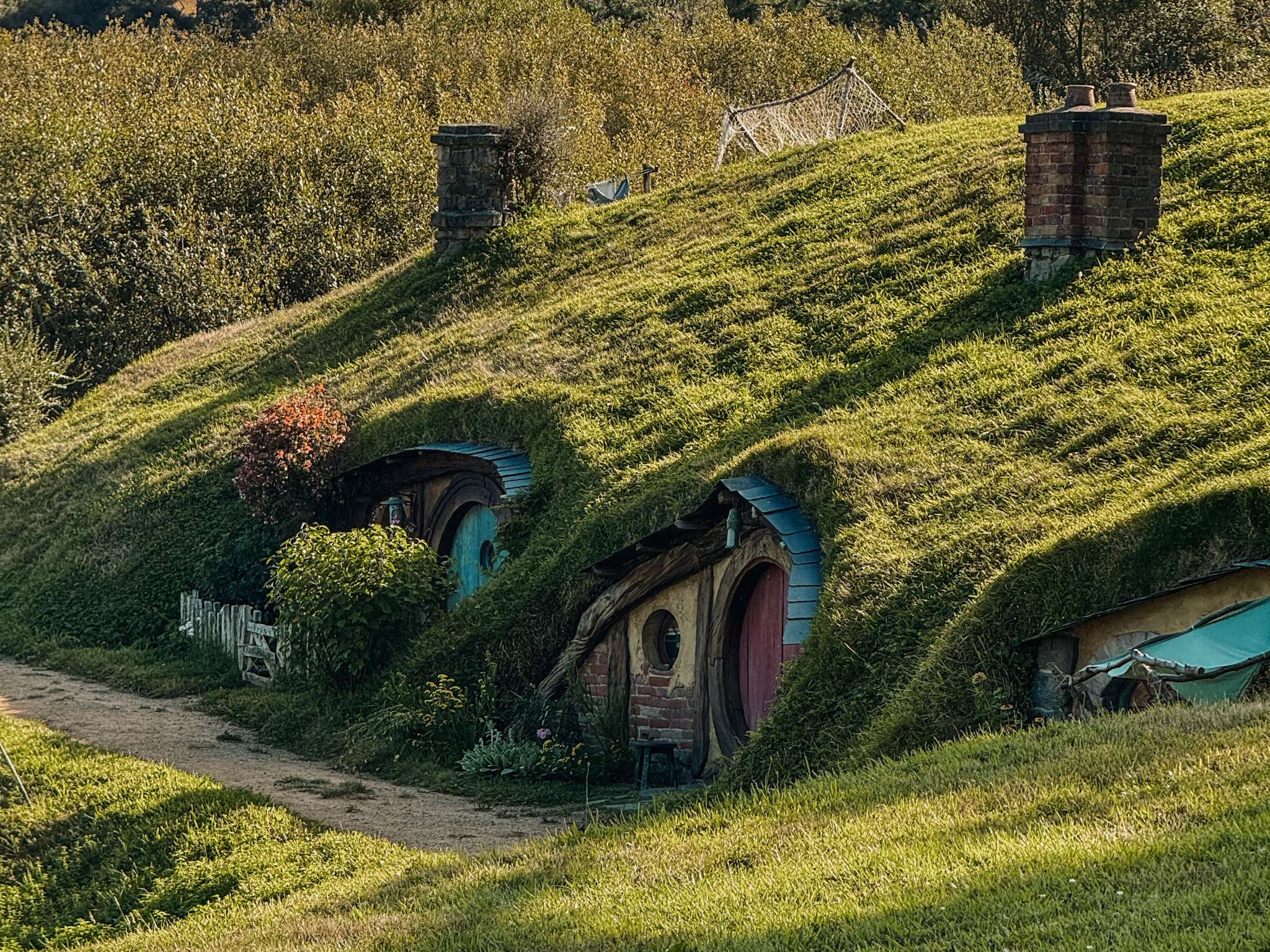 Three homes built into a hill as one of the top things to do in New Zealand on the North Island
