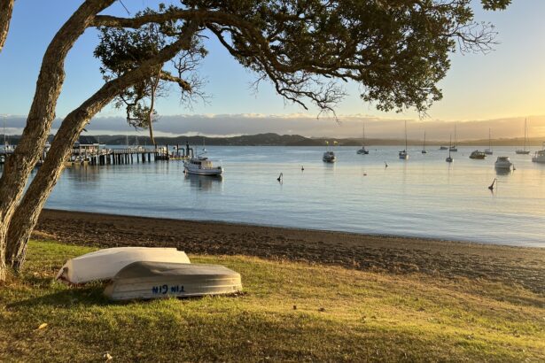 the sun setting over a bay with boats in it