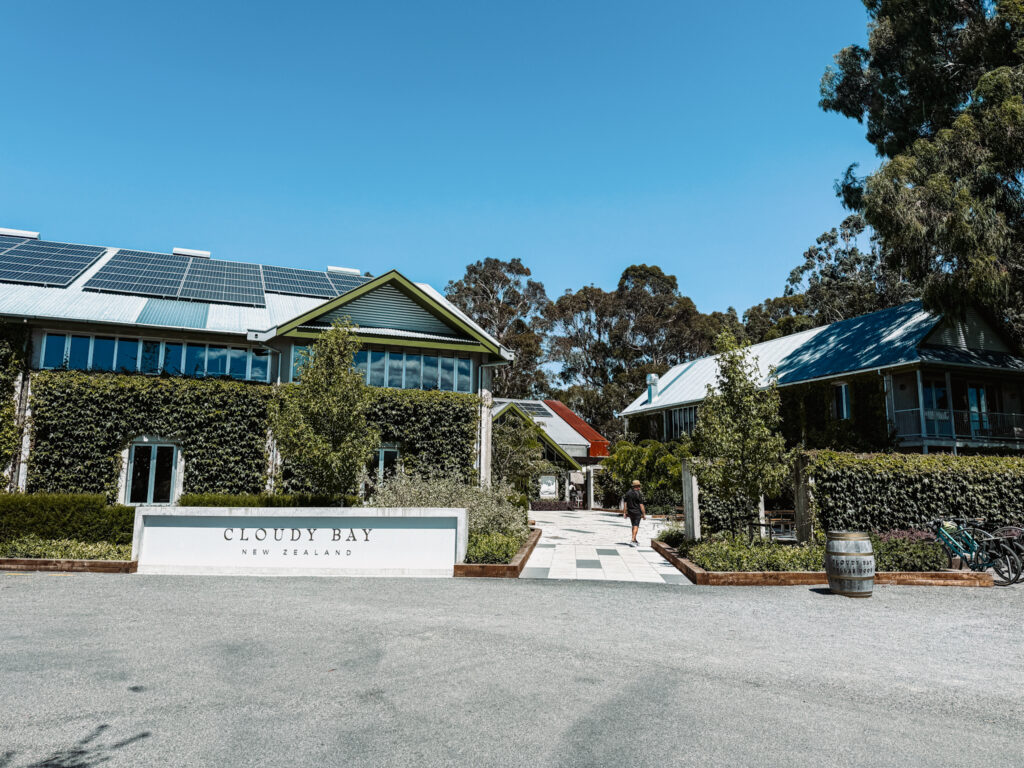 The entrance to the cellar door of Cloudy Bay in one of the wine regions of New Zealand