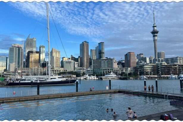 A pool in a harbor with a city in the background in Auckland, New Zealand