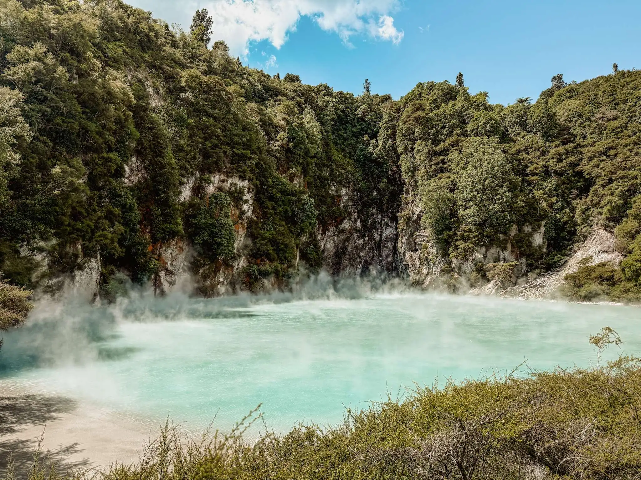 A teal blue geothermal pool in a park as part of a Rotorua itinerary