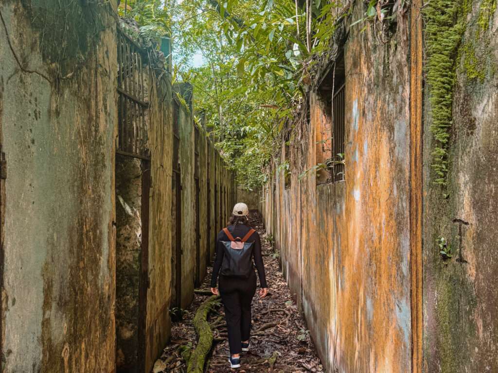 A girl walking through ruins that have been taken over by a rainforest as part of a French Guiana itinerary