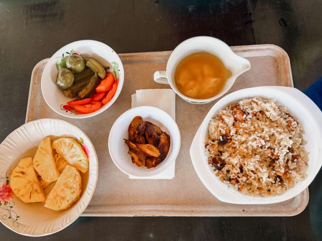 A tray of typical Suriname food, including pineapple, vegetables, rice, and soup