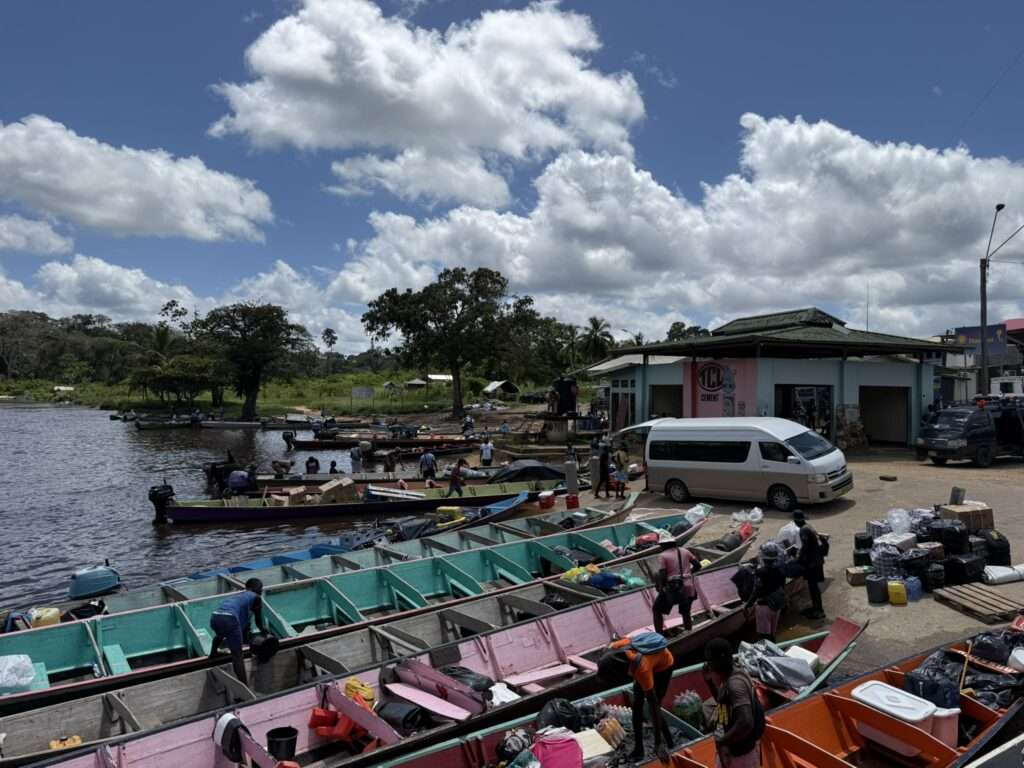 The dock of the many pirogues that transport people and goods on the rivers that connect to the various Maroon communities of Suriname