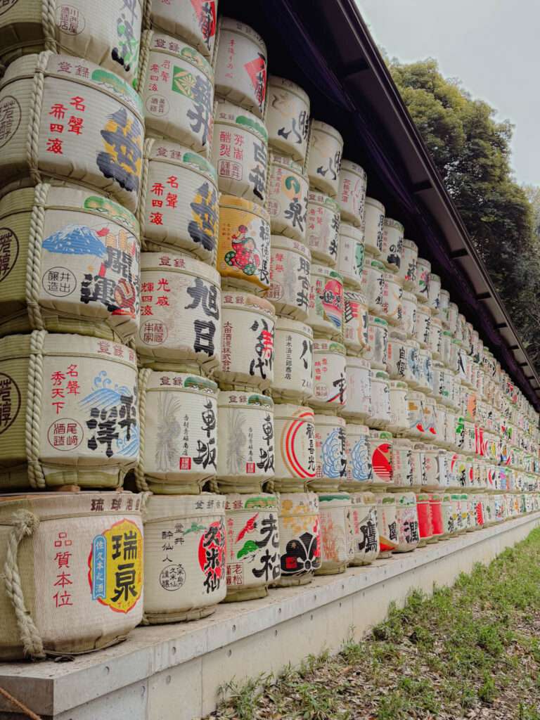 A wall of sake barrels as part of the Meiji temple of Tokyo