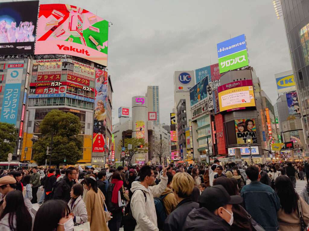 The crowds of crossing the Shibuya shuffle in Tokyo