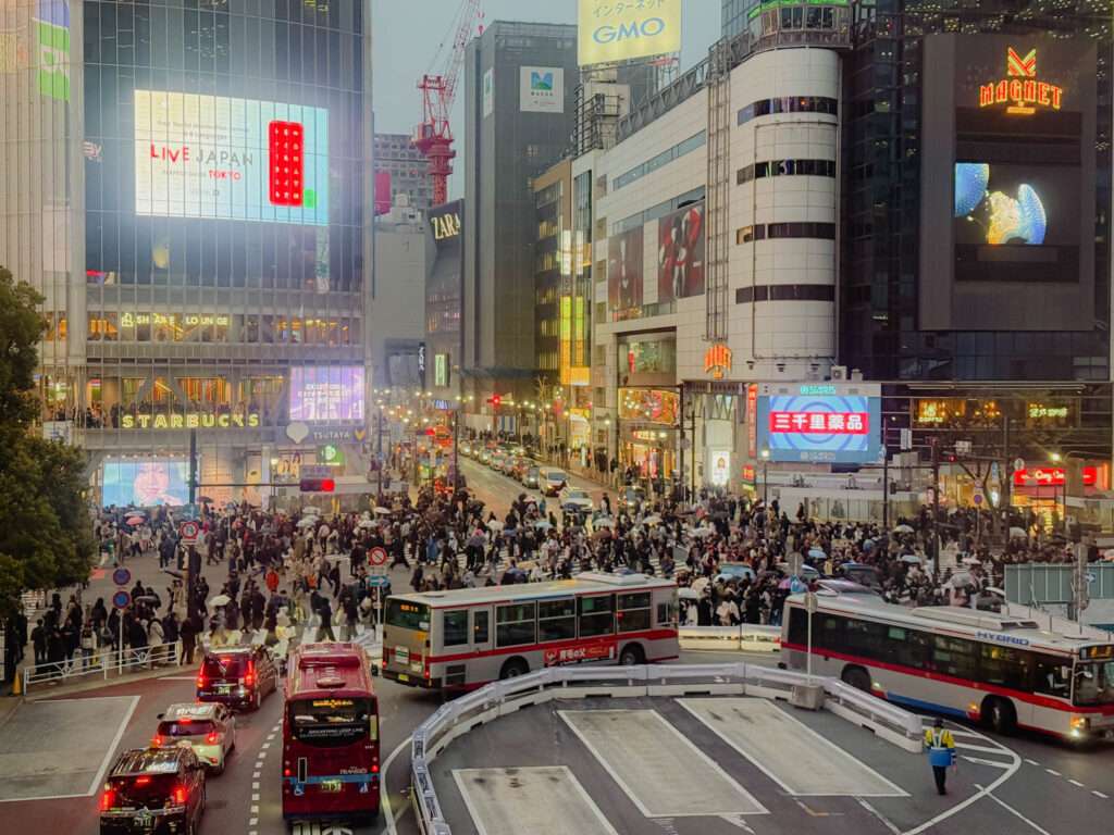 The Shibuya crossing, as seen from the Shibuya train station in Tokyo, Japan