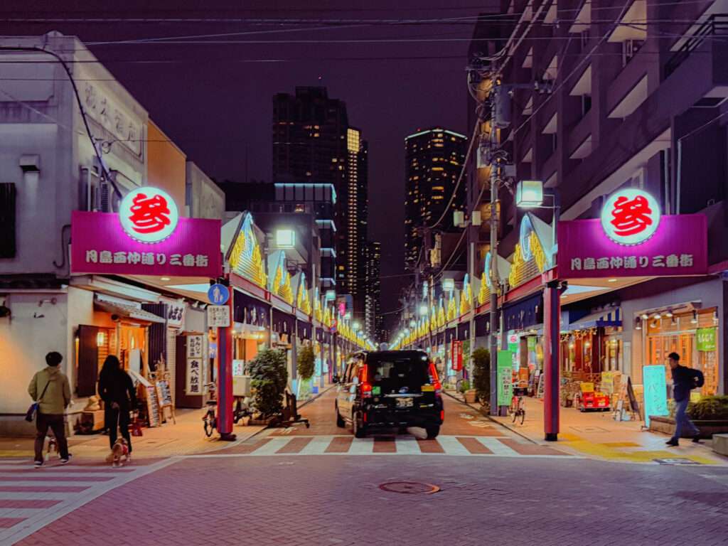 The street on which all the monjayaki restaurants are located in Tokyo