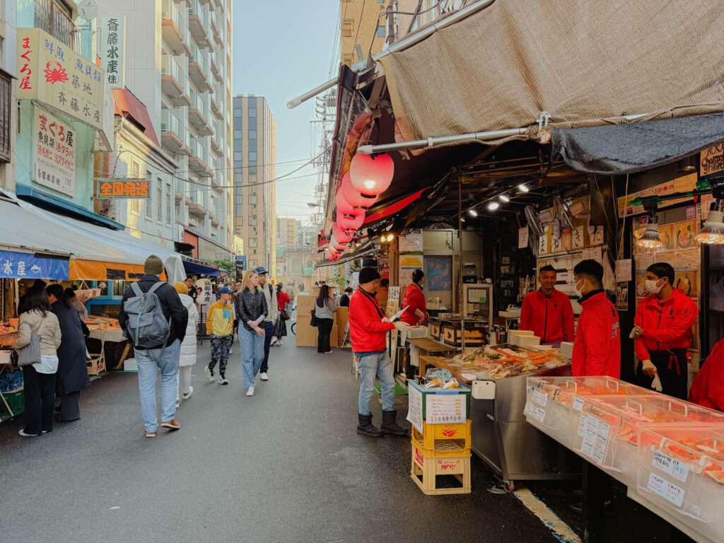 The fish and food vendors of the Tsukiji Fish Market​ in Tokyo as part of the 5 day Tokyo itinerary