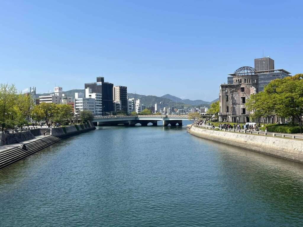 The river flowing through Hiroshima, Japan goes by the park that has been developed to remember the impact of the atomic bomb on the city, including one building that remains in ruins