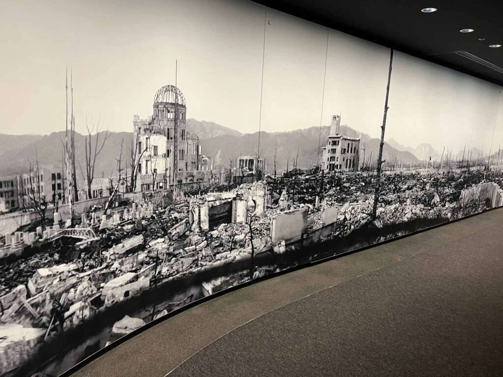 A large mural photo in a museum of the city of Hiroshima after the atomic bomb exploded