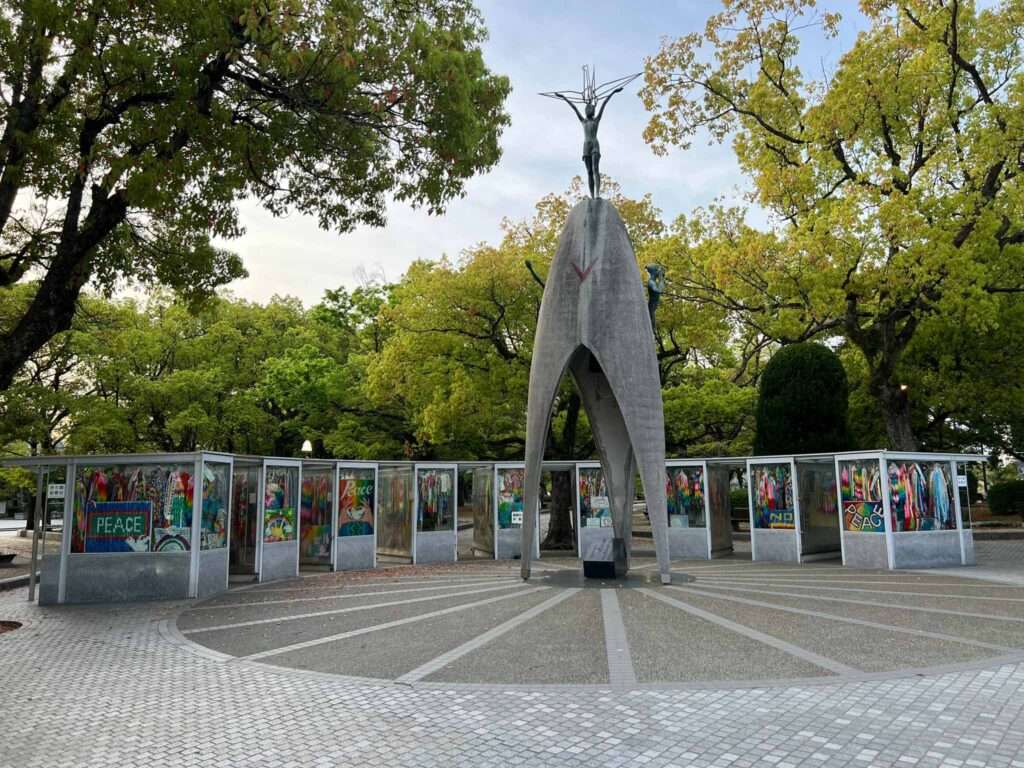 A memorial plaza with sculptures to remember the impact of the atomic bomb