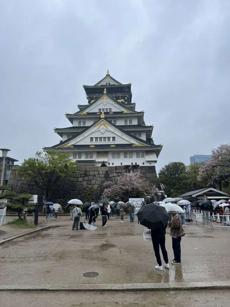 A large Japanese castle in the middle of a park