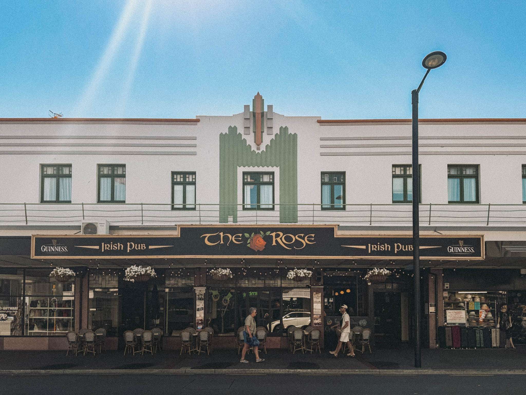 The art deco facade of a cafe in Napier of Hawke's Bay of the North Island of New Zealand