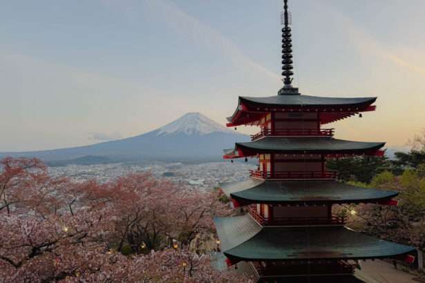 The iconic view of the Chureito Pagoda and Mount Fuji during full sakura bloom