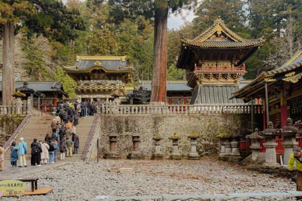 A line of people standing in line to enter a Japanese temple in the forest for a day trip to Nikko