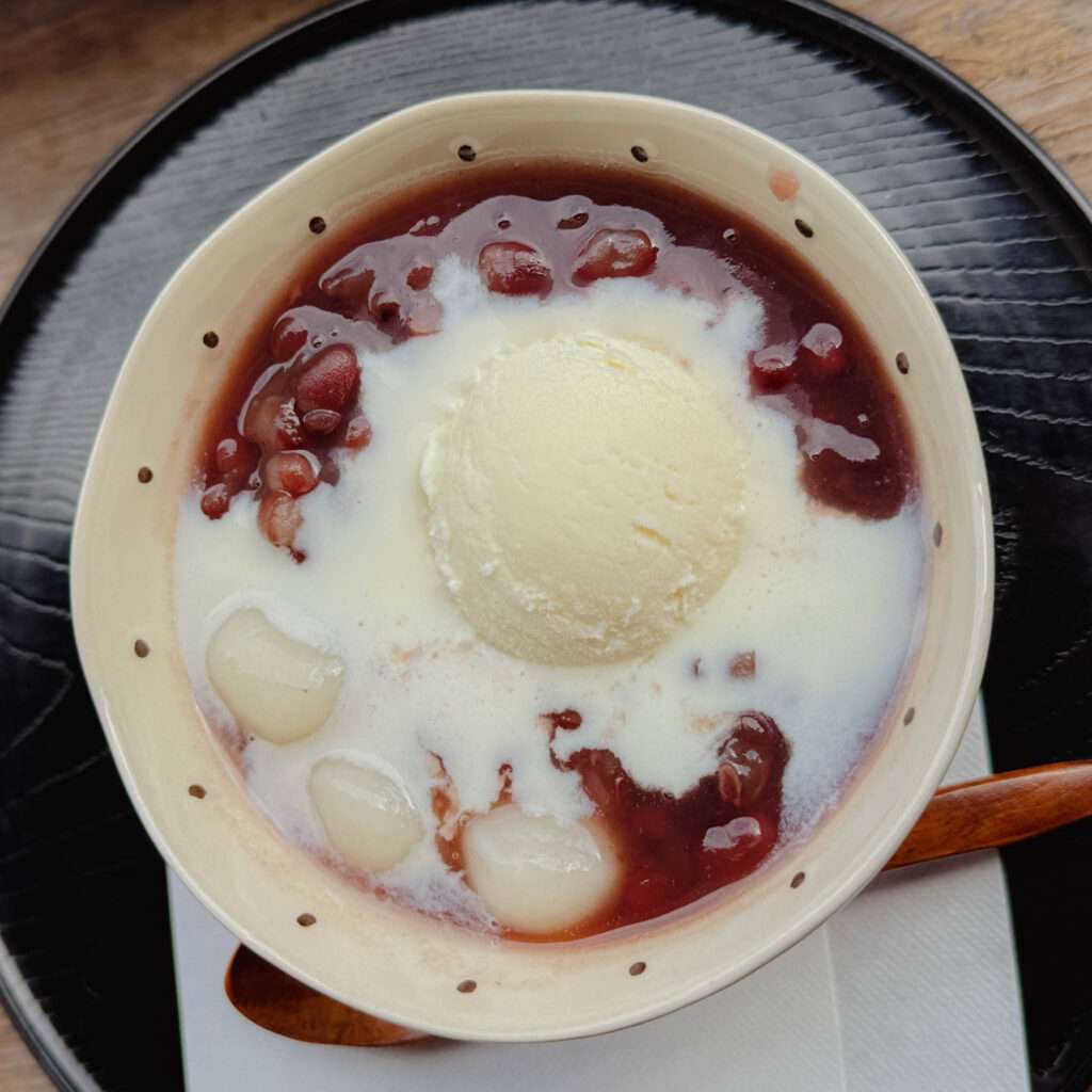 A bowl of red bean soup with ice cream to try in Nikko