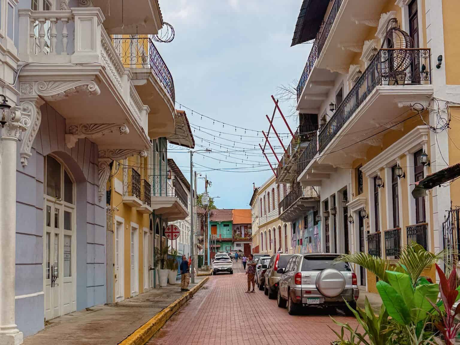Cobblestone street lined with colonial architecture in Casco Viejo, Panama City, Panama - Panama travel guide