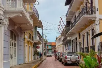 Cobblestone street lined with colonial architecture in Casco Viejo, Panama City, Panama - Panama travel guide