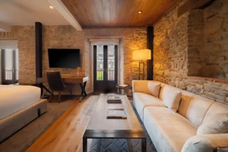 Stone and wood interior room of Hotel La Compania Casco Antiguo in Panama City with colonial architecture - Hotel La Compania Panama City
