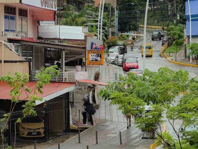 Wide tree-lined street in El Cangrejo neighborhood Panama City with cafes and local shops - El Cangrejo Panama City neighborhood