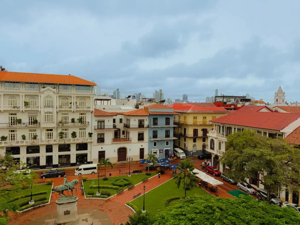 Colorful colonial buildings lining a cobblestone street in Casco Viejo Panama City - Casco Viejo neighborhood guide