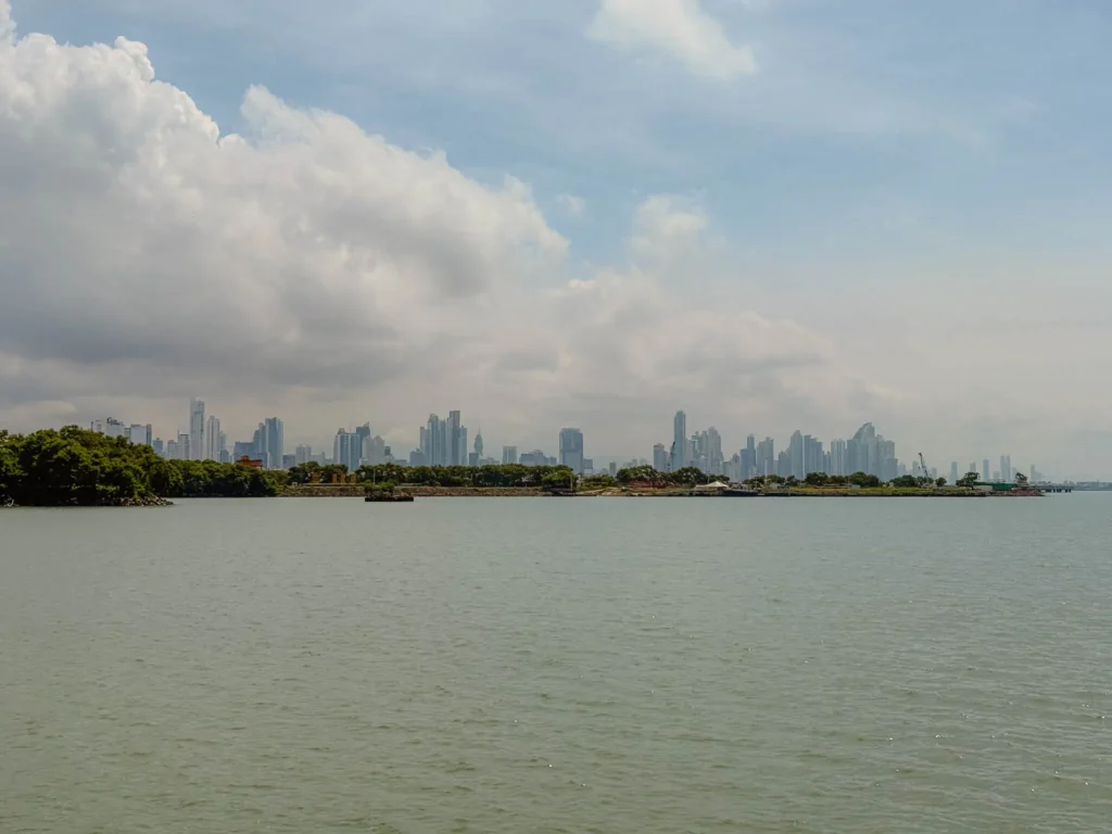 Panama City skyline viewed from the Amador Causeway with the Bay of Panama in the foreground — Amador Causeway Panama City