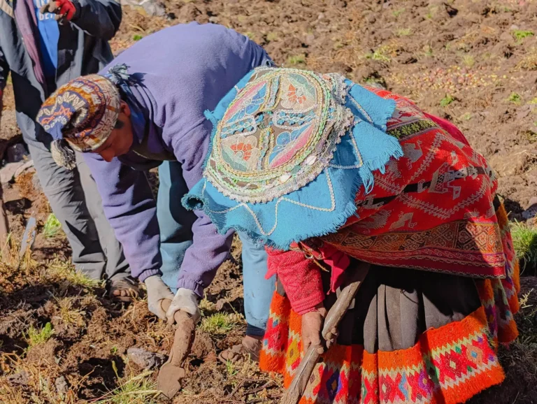 Quechua community members working the earth together in the Peruvian Andes - travel content partnerships