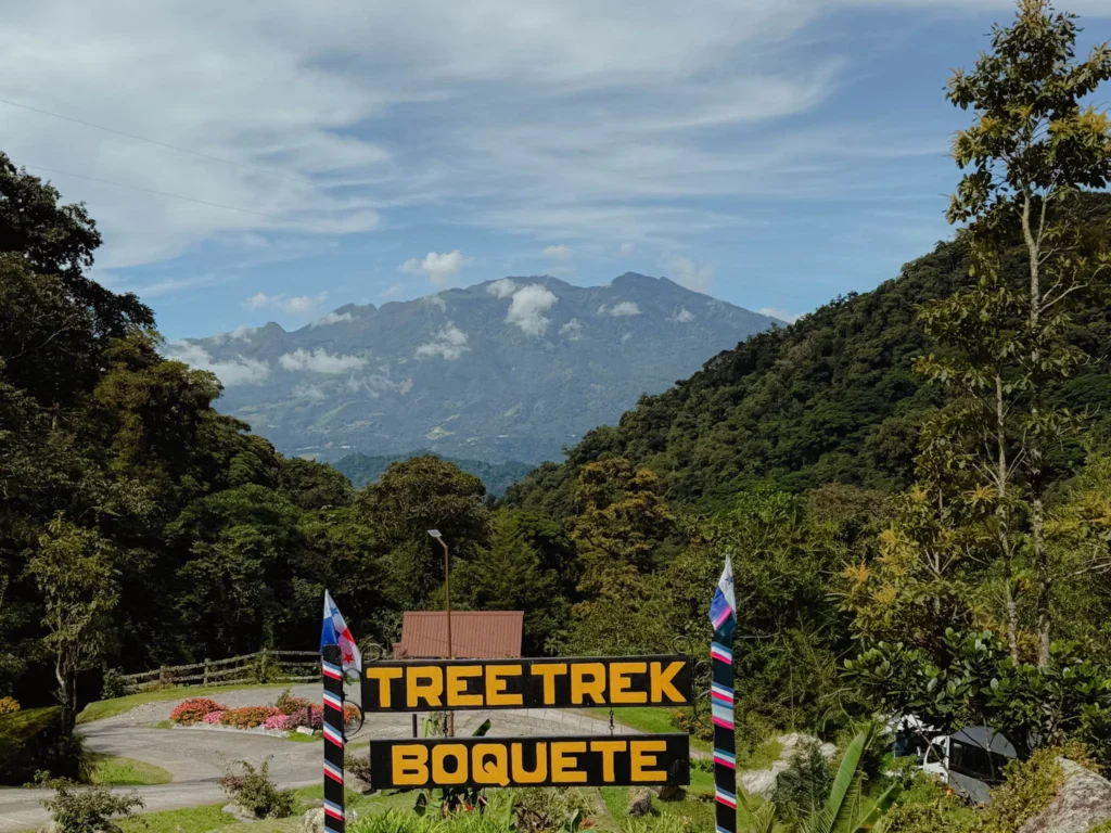 Volcan Baru rising above the forested hills outside Boquete near the Tree Trek entrance - hike Volcan Baru