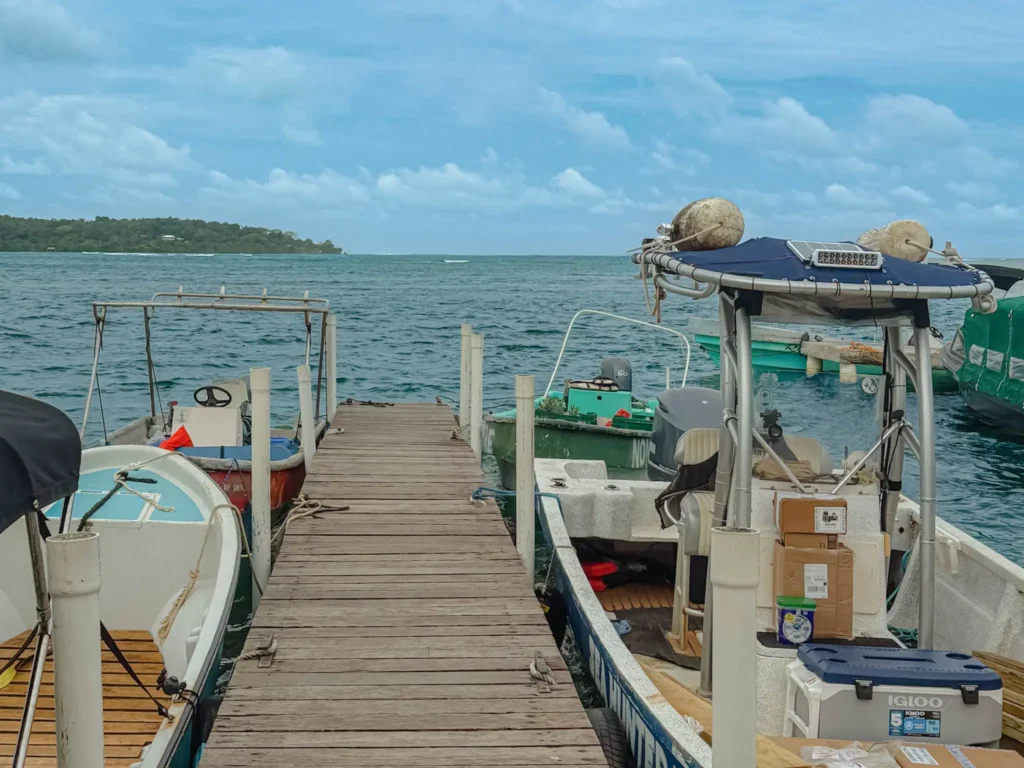 Wooden dock with water taxi boats at the main dock in Bocas Town, Panama