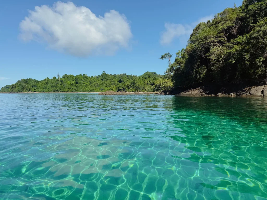Crystal clear turquoise water over reef in Coiba National Park during Panama's dry season
