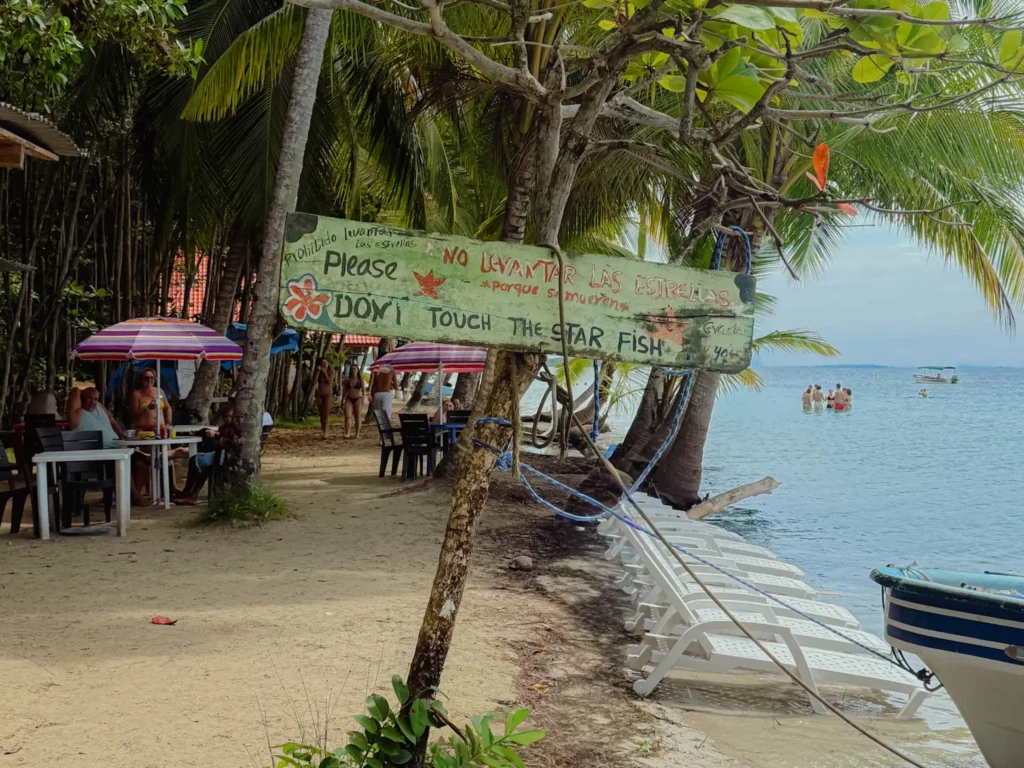 Hand-painted sign reading do not touch the starfish at the Starfish Beach snack area on Isla Colon