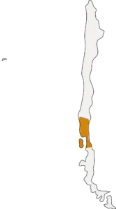 Outline map of Chile with the Lakes and Volcanoes district region highlighted