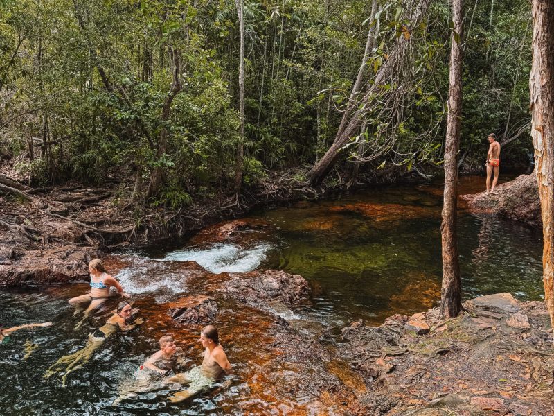 People in a water hole within a forest - day trips from Darwin